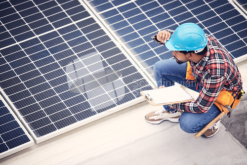 Image of Solar panel, clipboard and engineering man with inspection, energy saving maintenance and sustainable power check. Contractor person, electrician or technician on checklist for photovoltaic generator