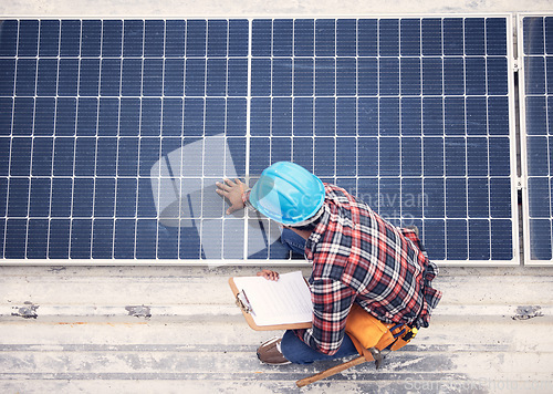 Image of Inspection, solar panels and engineering man with clipboard, energy saving maintenance and eco friendly power above. Sustainable technician, electrician or person with checklist and photovoltaic grid