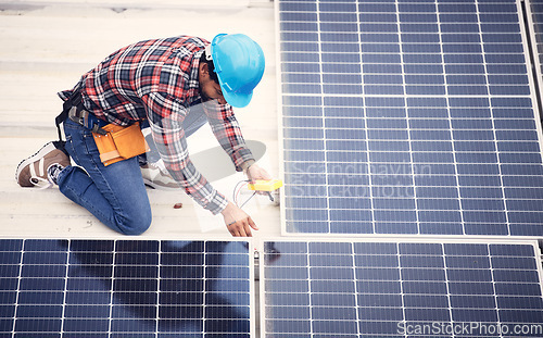 Image of Black man, solar panel inspection and renewable energy, sustainability and eco friendly technology. Maintenance check, male engineer and infrastructure, electricity and top view with energy saving