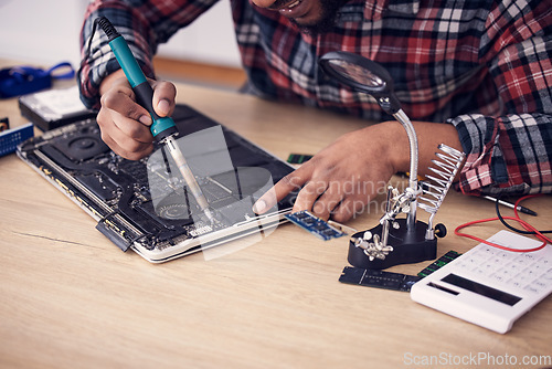 Image of Motherboard, working and man hands doing engineer and electricity fix with electrical tools. It, engineering and electric work of a male fixing microchip and voltage test on a hardware board