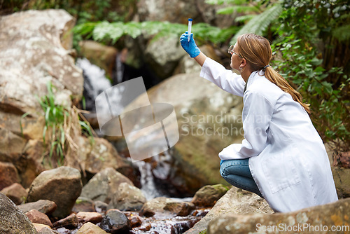 Image of Nature, analysis and a woman with water for research, test for pollution and bacteria. Biology, sustainability and a scientist looking at a sample from a river for ecology inspection and science