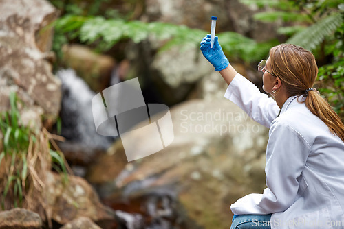 Image of Science, nature and woman with water in test tube for inspection, environment and ecosystem study. Agriculture, biology and female scientist with sample for analysis, research and climate change