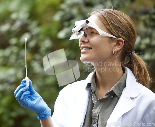 Image of Science, nature and woman with sample with glasses for inspection, bacteria and ecosystem study. Agriculture, biology and female scientist with stick in woods for analysis, research and experiment