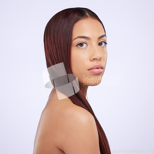 Image of Haircare, beauty and serious portrait of woman, straight hairstyle and luxury salon treatment isolated on white background. Hair care, haircut and face of Brazilian model in studio backdrop mockup.