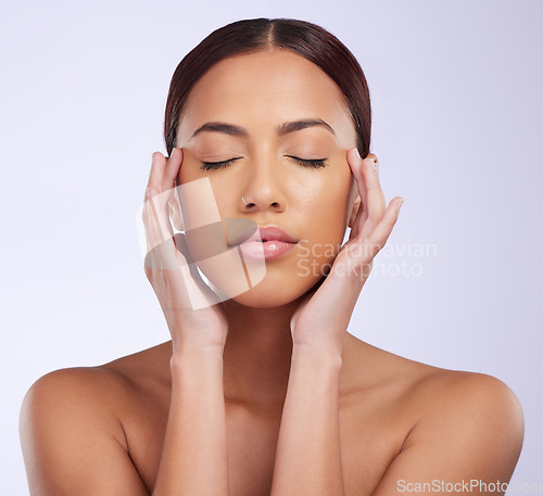 Image of Woman, natural beauty and calm skincare in a studio with relax feeling from dermatology. Skin glow, facial and cosmetics makeup of a young female model with clean self care and face wellness