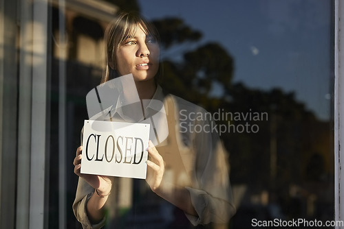 Image of Business owner, inflation and woman with closed sign, announcement and financial crisis. Female employee, entrepreneur and worker with issues, economy and problems with shop closing and startup