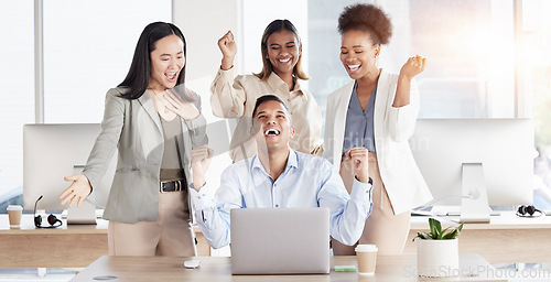 Image of Business people, laptop and team celebration for winning, award or profit on crypto market. Businessman, women and teamwork with success, bonus and competition with fintech, surprise and achievement