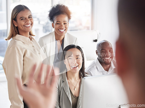 Image of Startup group, coach and training by computer with teamwork, diversity or smile at workshop. Black man, women and listen to coaching for advice, goals or happy for learning, development and career