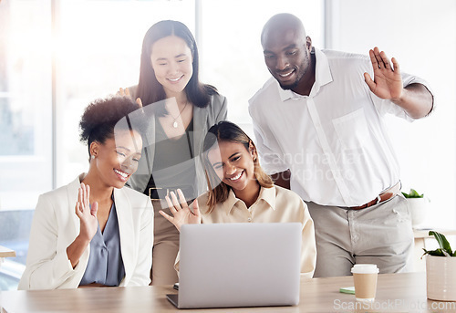 Image of Business people, group and wave on video call with laptop for communication, hello or diversity in team. Black man, women and computer for webinar, online workshop or greeting with smile for kindness