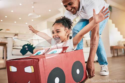 Image of Car, cardboard and father playing child in fantasy game bonding in a living room or home lounge together. Happiness, happy and single parent or dad having fun with kid or daughter excited to play