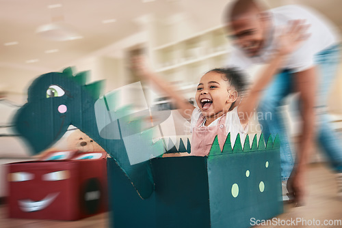 Image of Dragon, cardboard and father playing child in fantasy game bonding in a living room or home lounge together. Blur, happy and single parent or dad having fun with kid or daughter excited to play