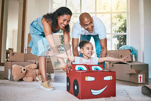 Image of Family, mother and father playing, girl and bonding in living room, happiness and quality time. Love, mama and dad with female child, kid and daughter in lounge, fun and cheerful together to relax