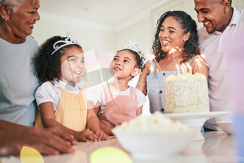 Image of People singing happy birthday, family smile with celebration and cake at party with generations at home. Celebrate, together with dessert, happiness and grandmother with parents and children