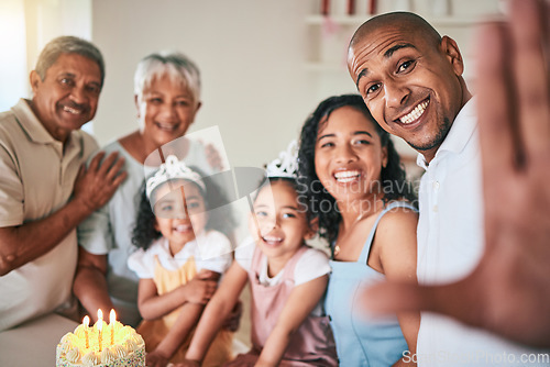 Image of Birthday, selfie and big family in living room with cake, happy and excited for celebration at home. Portrait, smile and grandparents, kids and parents at party, pose and together for profile picture