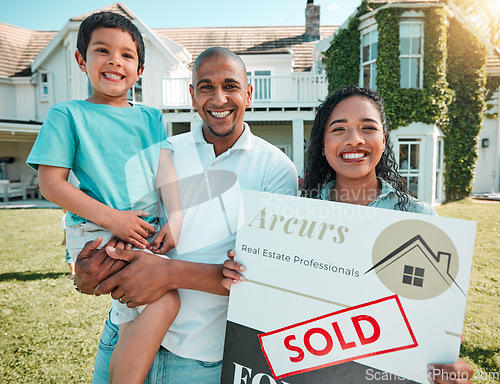 Image of Mother, father and child in property, real estate or billboard of happy family for new home, sold or investment. Portrait of mom, dad and son holding billboard of mortgage asset, homeowner or house