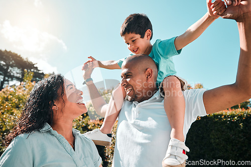 Image of Child, father and mother outdoor as family together in backyard with a smile, love and care. Man, woman and boy kid with parents for security and quality time with happiness and support at park