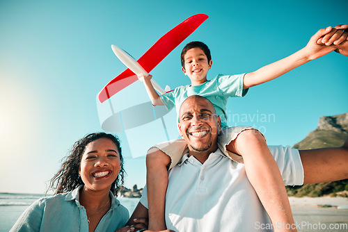 Image of Beach, selfie and family with airplane at the ocean for travel, holiday or summer vacation. Portrait, love and kid with toy and parents at the sea for playing, weekend and bonding while having fun