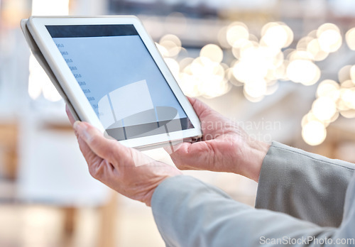 Image of Hands, mockup and typing on tablet screen in office, accounting or research in workplace. Technology, finance and professional person or business woman browsing online, calculator app and fintech.