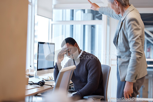 Image of Business woman, boss and firing man at call center with fail, mistake and stress at telemarketing job. Elderly female, manager and warning of consultant with dismissal, shout and point by help desk