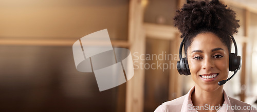 Image of Call center woman, smile or portrait of contact us with CRM, headset or mic on mock up space. Customer service consultant, happy female or biracial telemarketing sales with help desk agent and banner