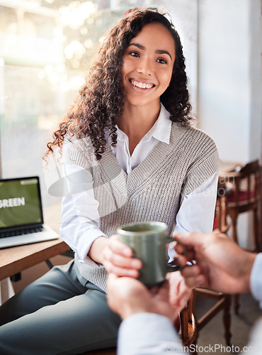 Image of Happy cafe customer, coffee and woman with hot chocolate, tea cup or morning hydration beverage. Breakfast restaurant server, service waiter and restaurant person with latte, expresso or client drink