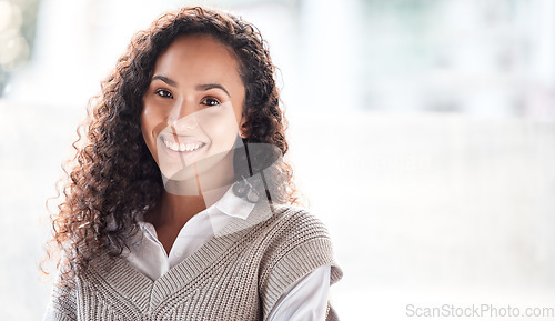 Image of Portrait, mockup and woman with smile, entrepreneur and success with startup, growth and confidence. Face, female consultant and happy employee with happiness, creative or positive worker on mock up