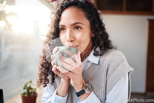 Image of Coffee shop, face or relax woman drinking hot chocolate, tea cup or client beverage in morning hydration wellness. Restaurant, cafe or store customer with latte drink, person thinking or service idea