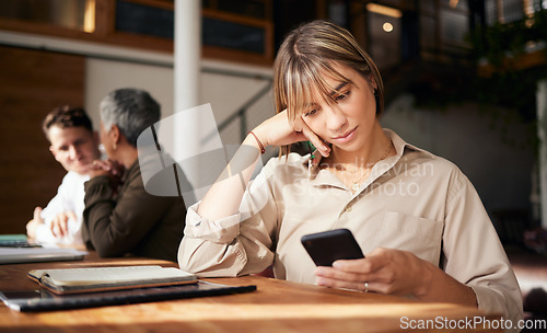 Image of Business, thinking and woman with smartphone, typing and online reading in workplace, social media and chatting. Female, employee or entrepreneur with cellphone, connection or search website for info