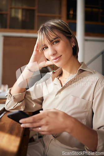 Image of Portrait, relax and woman with smartphone, typing and connection for social media, communication and chatting. Face, female and person with cellphone, search website or online reading for information