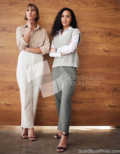 Image of Business women, portrait and teamwork of happy female staff and friends in a company. Office, confidence and management team with pride from work of a professional woman employee with wall background