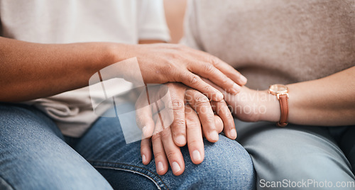 Image of Holding hands, couple support and comfort together for empathy, trust and love in marriage. Relationship, partner and closeup of affection from a man and woman for gratitude, sorry or forgive
