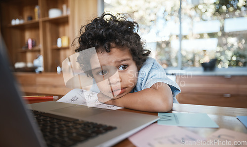 Image of Thinking, child and sad by laptop in home for learning, online education and studying. Computer, kid and contemplating, lost in thoughts and wondering, bored and homeschool for elearning in house.