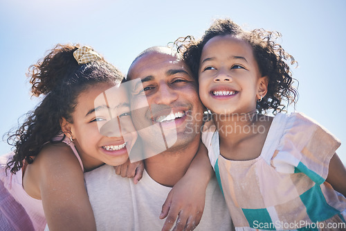 Image of Portrait, father and girls with a smile, hug and bonding outdoor, quality time and cheerful. Face, family and male parent with happiness, daughters and female children with their dad, embrace and joy