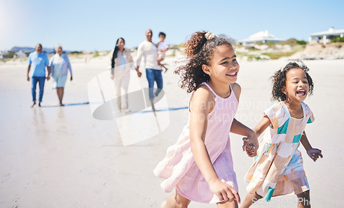 Image of Children running, family vacation and happy at the beach for travel, morning walking and bonding. Happy, summer and girl siblings holding hands on a walk at the ocean with parents and grandparents