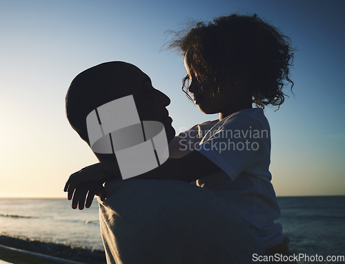 Image of Silhouette, father and girl hug, beach and bonding with summer holiday, loving and quality time. Family, dad and daughter embrace, seaside vacation and getaway trip with happiness, break and loving