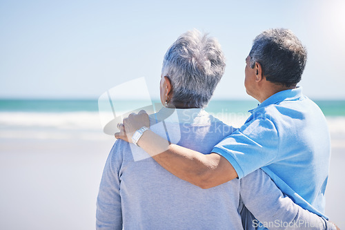 Image of Love, back and senior couple on a beach, hug and bonding for relationship, summer holiday and marriage. Romance, partners or old woman, elderly man and embrace on seaside vacation and loving together