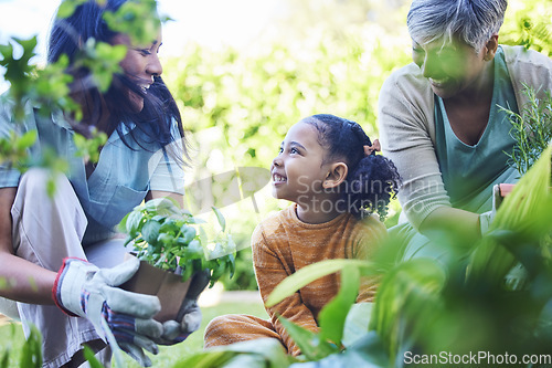 Image of A woman, mother and child gardening together outdoor for growth or sustainability during spring. Plants, kids and earth day with a family bonding in a summer garden for eco friendly landscaping