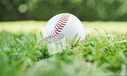 Image of Baseball, sports and recreation with a ball on the grass, closeup waiting for a game or competition. Earth, fitness and training with a softball on a lawn, pitch or grass for sport activity outdoor