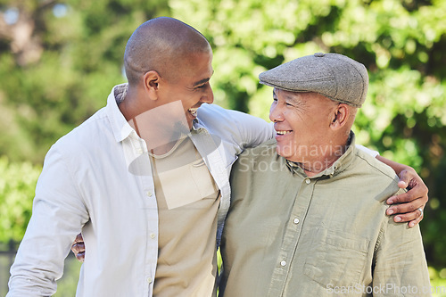 Image of Love, father and adult son outdoor, hug and happiness with bonding, quality time and cheerful. Family, son and dad with a smile, embrace or loving together in nature, park or happy with care or relax