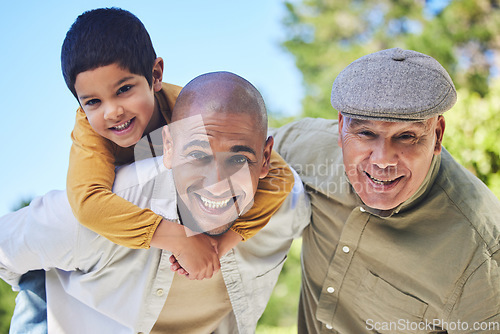 Image of Happy, playful portrait and family in nature for bonding, playing and quality time in summer. Smile, love and a father, child and grandfather with a piggyback fun, happiness and weekend at a park