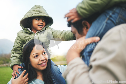 Image of Family, happy and smile outdoor in nature for quality time, love and care outdoor. Man, woman or mom and dad with kids together at a park for happiness on vacation, holiday or travel trip in winter