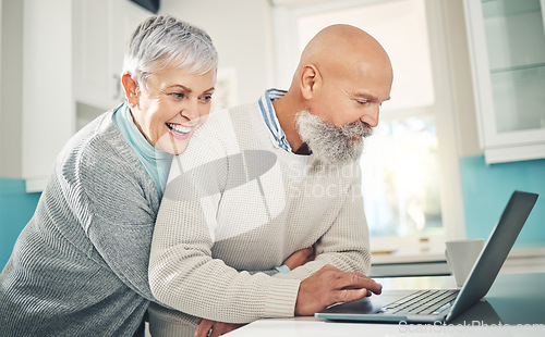 Image of Laptop, senior couple and hug in home, online browsing and social media in house. Computer, retirement and happy man and woman embrace while reading email, news or streaming funny video together.