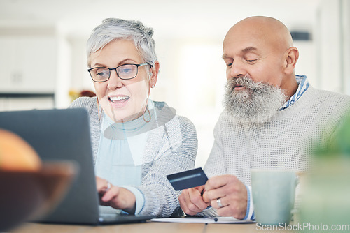 Image of Laptop, senior couple and credit card in home for online shopping, digital banking or payment. Computer, ecommerce and happiness of man and woman on internet for sales, retirement finance or fintech.