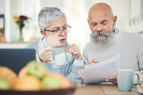 Image of Laptop, senior couple and finance documents in home for budget, savings or taxes in house. Computer, retirement and man and woman with paperwork for financial planning, insurance or bills with coffee