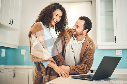 Image of Happy couple, laptop and smile for search, internet or social network with video in home kitchen. Young man, woman and computer with laughing, happiness and excited face for results of web research