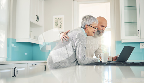 Image of Elderly couple, laptop and video call in kitchen, web browsing or social media in house. Computer, retirement and happy man and woman on videocall, online chat and virtual communication together.