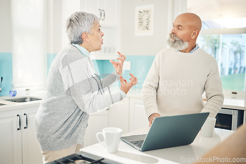 Image of Angry, argument and a couple in a fight about an email, computer glitch or financial stress. Anger, talking and a senior man and woman speaking about a retirement problem or conflict online on a pc