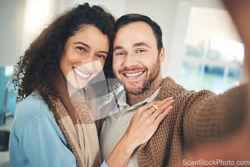 Image of Happy couple, home and selfie with hug, portrait and social network post for love, together and excited. Young man, woman and photography for profile picture with care, happiness and blog on internet