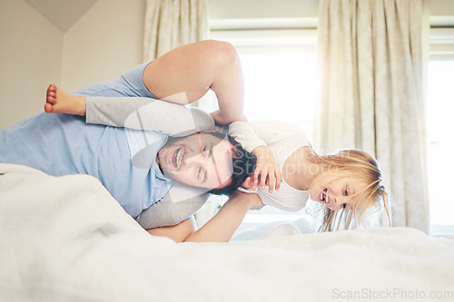 Image of Bonding, happy man and kid on bed playing, quality time for fun and games on weekend morning in family home. Smile, father and girl in bedroom laughing with love, care and play together in apartment.