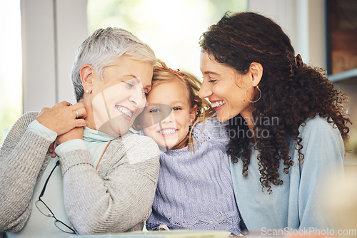 Image of Portrait, grandmother and girl smile with mother in home, bonding and having fun together. Happiness, family and child with mama and grandma, care and enjoying quality time with love in house.